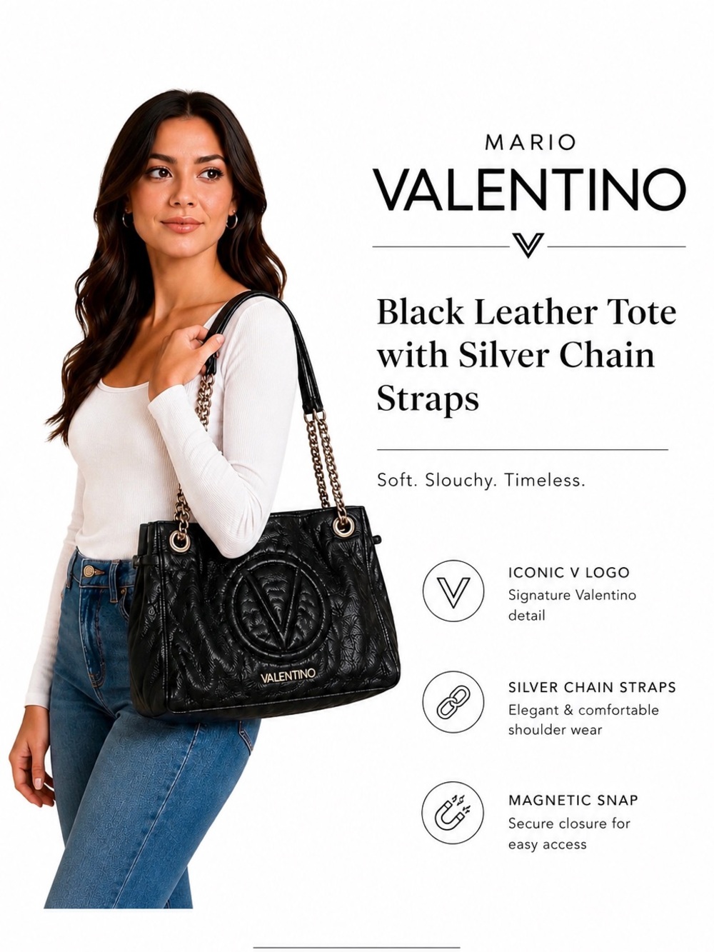 Valentino Black Leather Bag Tote with Silver Chain Straps Mario soft and slouchy